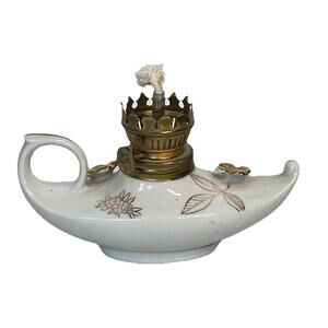 Vintage Porcelain Glass Oil Finger Lamp White Gold Flowers Aladdin Japan 5.5"